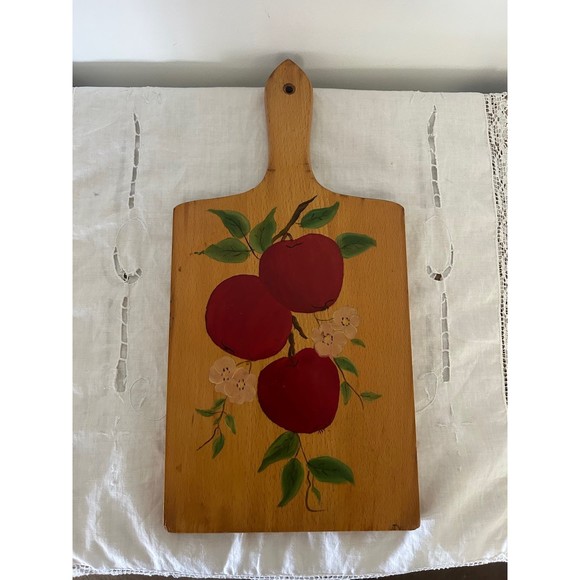 Vintage Wood Wall Hanging Cutting Board with Hand painted Apple design flowers - Picture 3 of 9